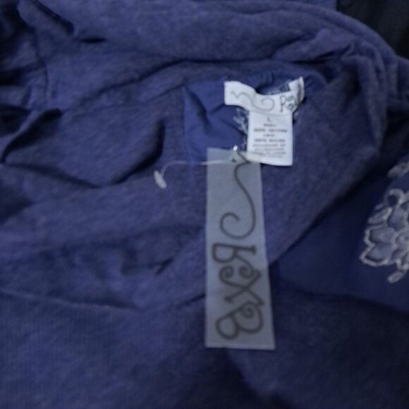 RXB Women's Patchwork Raw Seems Cowl Neck Lace Insert Midnight Blue Top Sz L - Picture 7 of 7